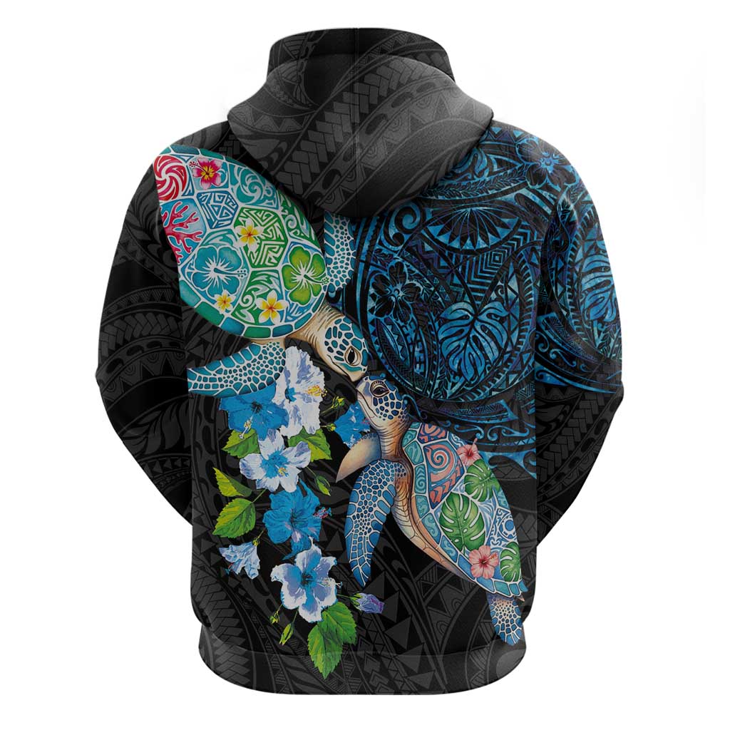 Hawaiian Couple Turtles Honi Zip Hoodie Polynesian Art Motifs and Hibiscus Black Blue Color LT03 - Polynesian Pride