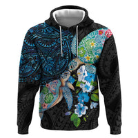 Hawaiian Couple Turtles Honi Zip Hoodie Polynesian Art Motifs and Hibiscus Black Blue Color LT03 Pullover Hoodie Black - Polynesian Pride