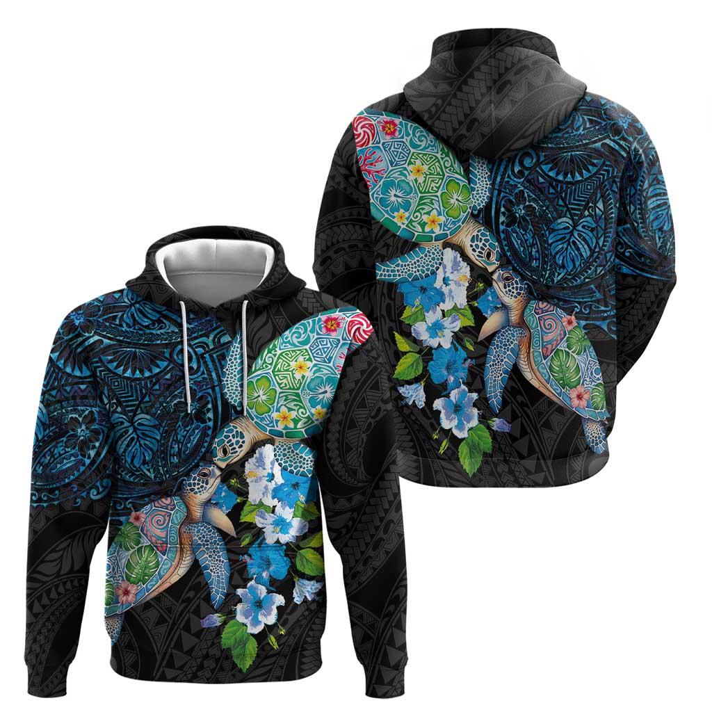 Hawaiian Couple Turtles Honi Zip Hoodie Polynesian Art Motifs and Hibiscus Black Blue Color LT03 - Polynesian Pride