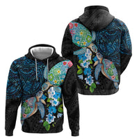 Hawaiian Couple Turtles Honi Zip Hoodie Polynesian Art Motifs and Hibiscus Black Blue Color LT03 - Polynesian Pride