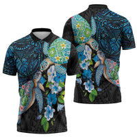 Hawaiian Couple Turtles Honi Zipper Polo Shirt Polynesian Art Motifs and Hibiscus Black Blue Color LT03 - Polynesian Pride