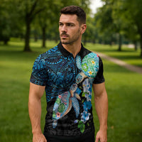 Hawaiian Couple Turtles Honi Zipper Polo Shirt Polynesian Art Motifs and Hibiscus Black Blue Color LT03 - Polynesian Pride