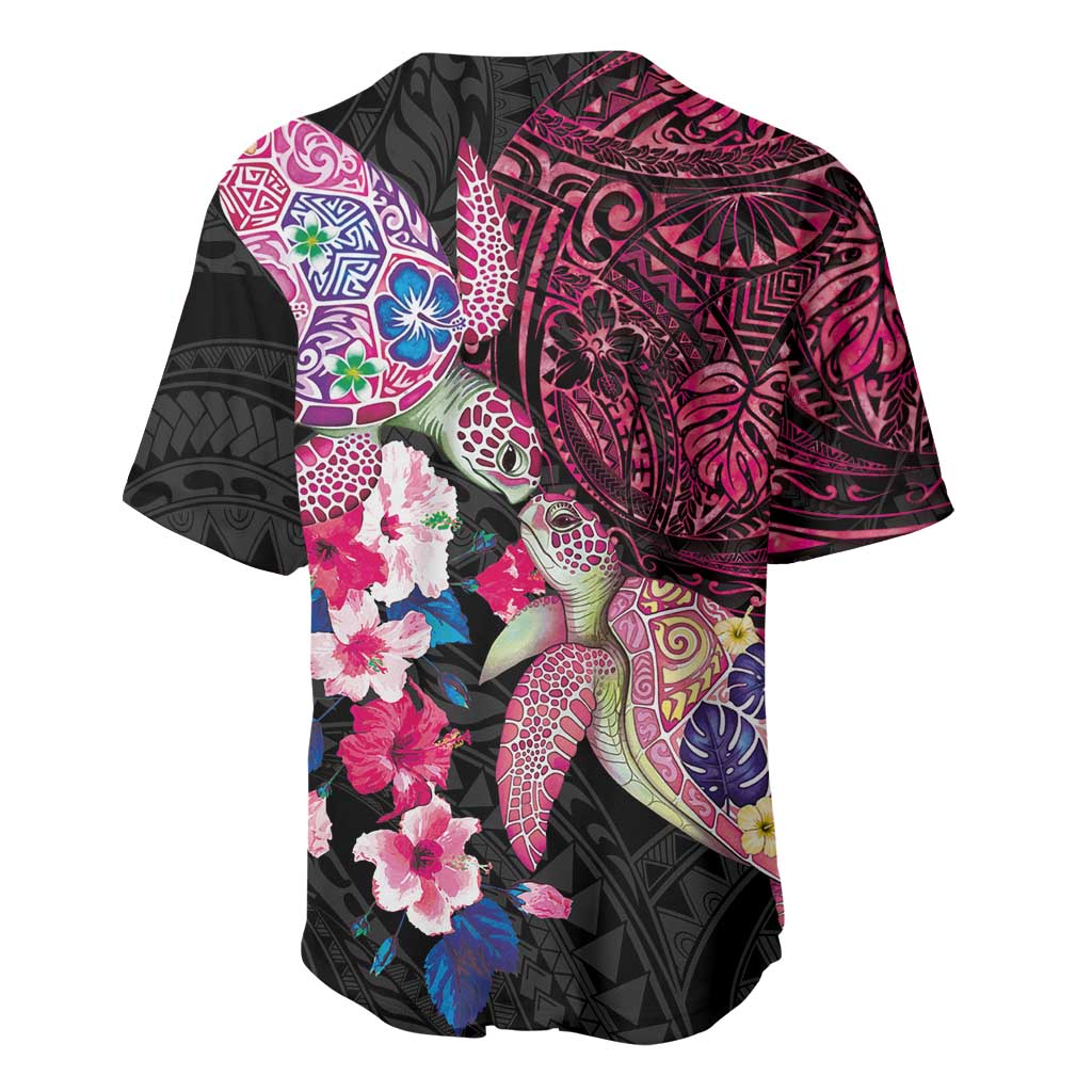 Hawaiian Couple Turtles Honi Baseball Jersey Polynesian Art Motifs and Hibiscus Black Red Color - Polynesian Pride