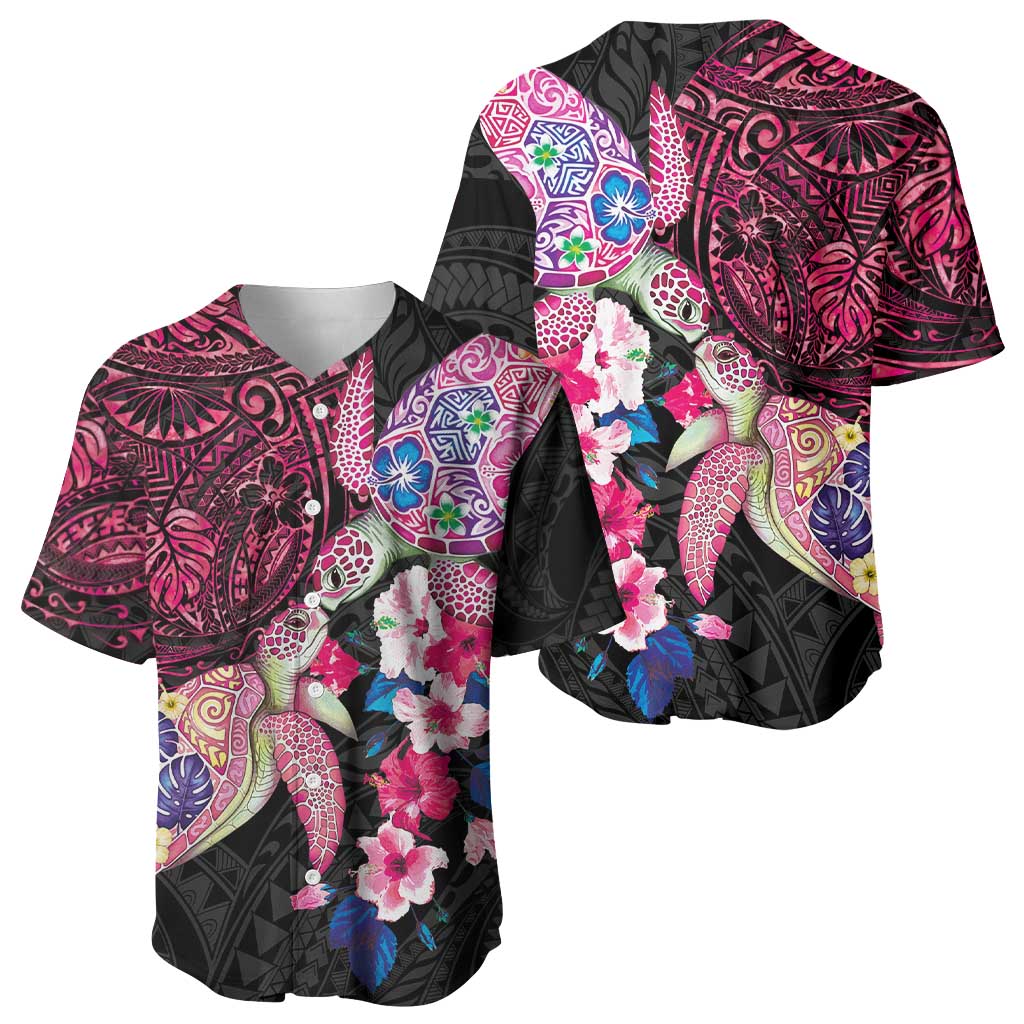 Hawaiian Couple Turtles Honi Baseball Jersey Polynesian Art Motifs and Hibiscus Black Red Color - Polynesian Pride