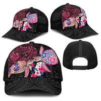 Hawaiian Couple Turtles Honi Baseball Net Cap Polynesian Art Motifs and Hibiscus Black Red Color - Polynesian Pride