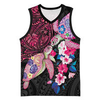Hawaiian Couple Turtles Honi Basketball Jersey Polynesian Art Motifs and Hibiscus Black Red Color LT03 Unisex Black - Polynesian Pride