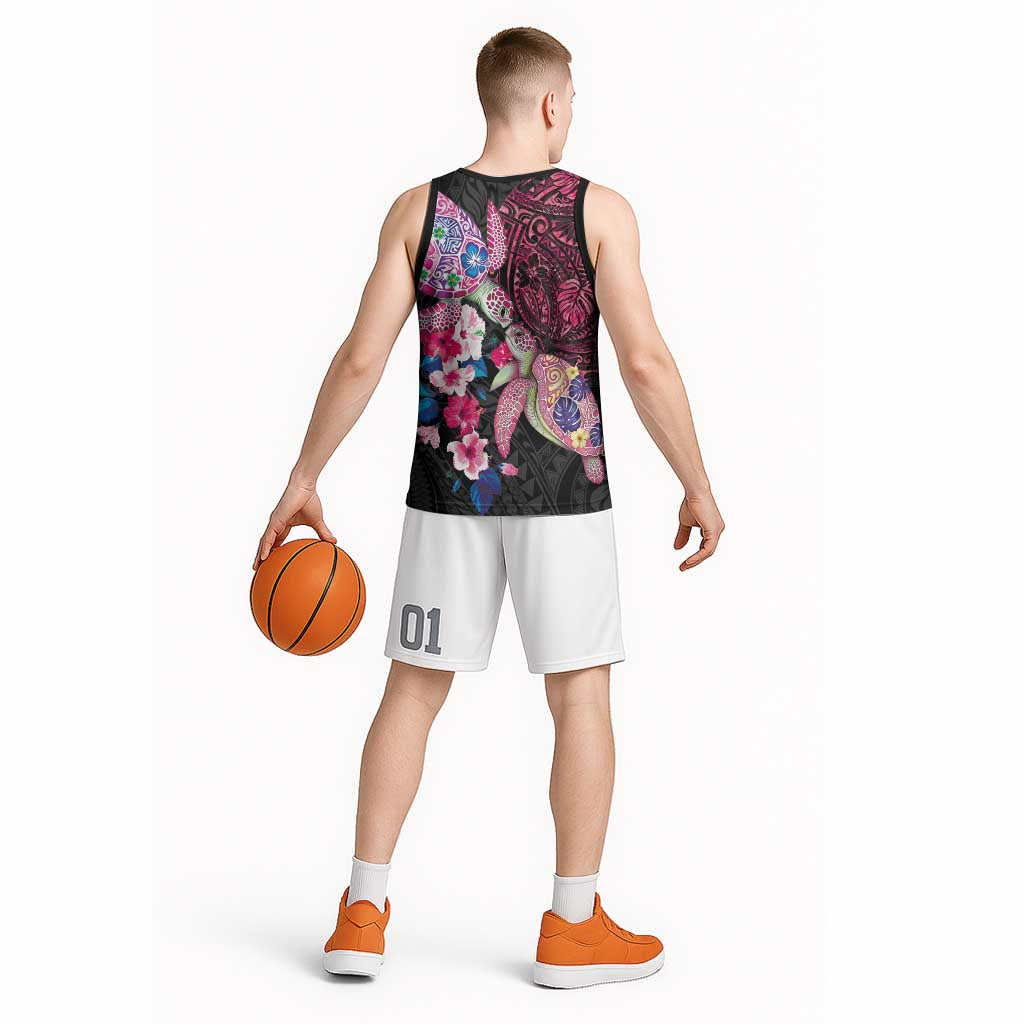 Hawaiian Couple Turtles Honi Basketball Jersey Polynesian Art Motifs and Hibiscus Black Red Color LT03 - Polynesian Pride
