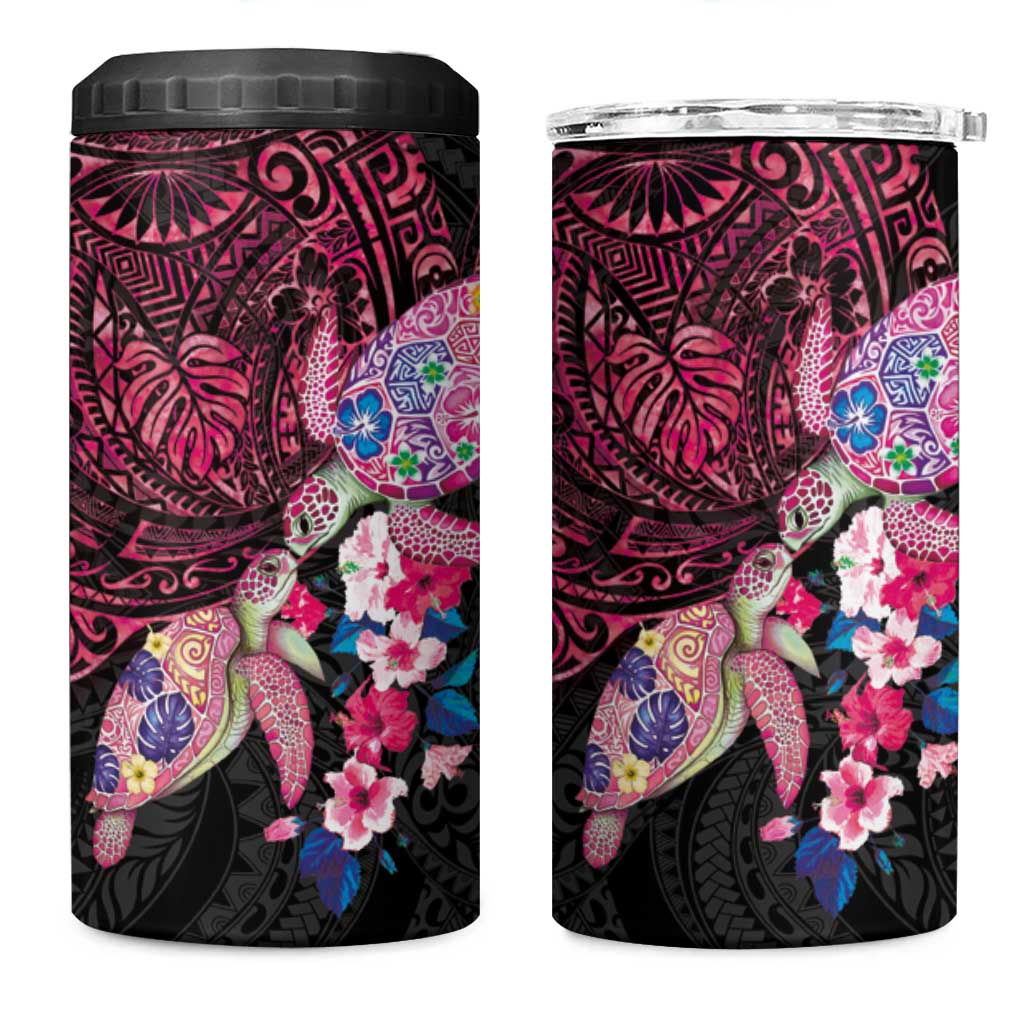 Hawaiian Couple Turtles Honi 4 in 1 Can Cooler Tumbler Polynesian Art Motifs and Hibiscus Black Red Color LT03 One Size: 16 oz Black - Polynesian Pride