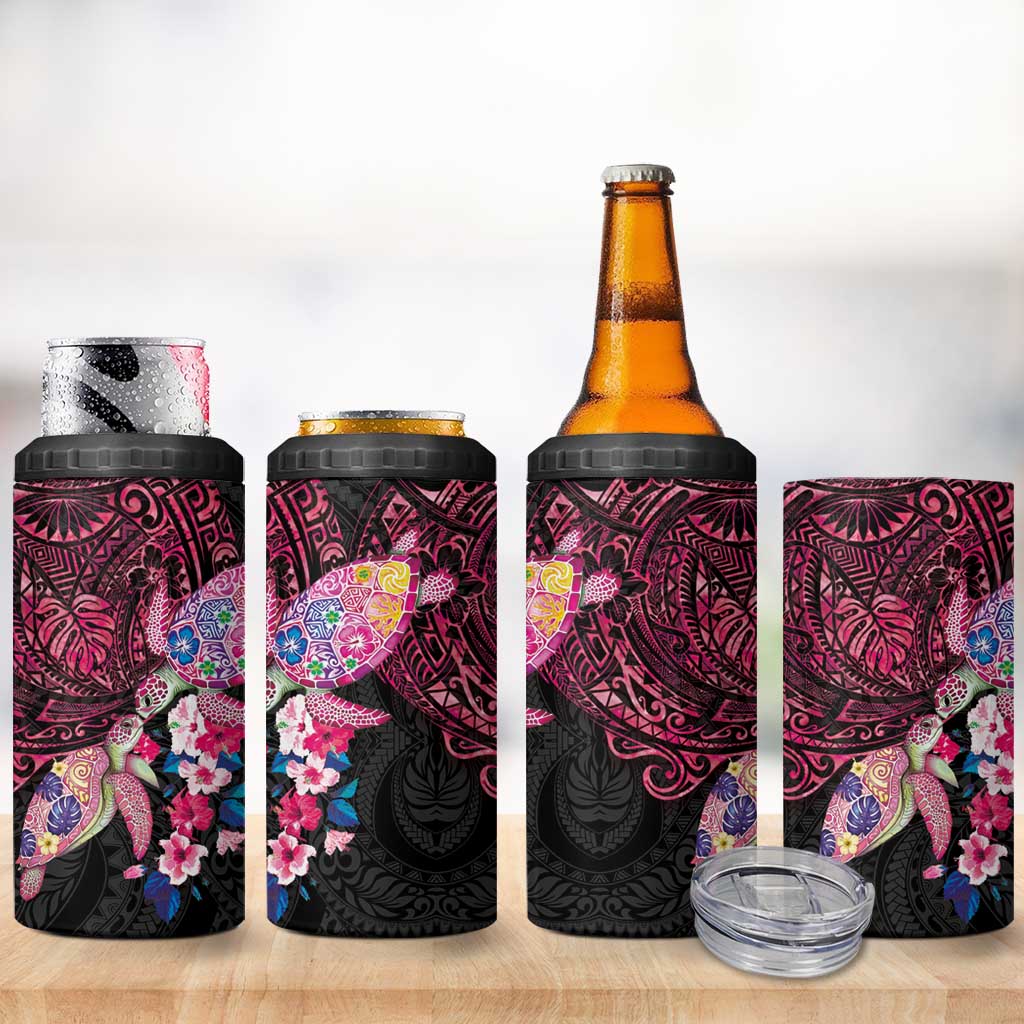 Hawaiian Couple Turtles Honi 4 in 1 Can Cooler Tumbler Polynesian Art Motifs and Hibiscus Black Red Color LT03 - Polynesian Pride