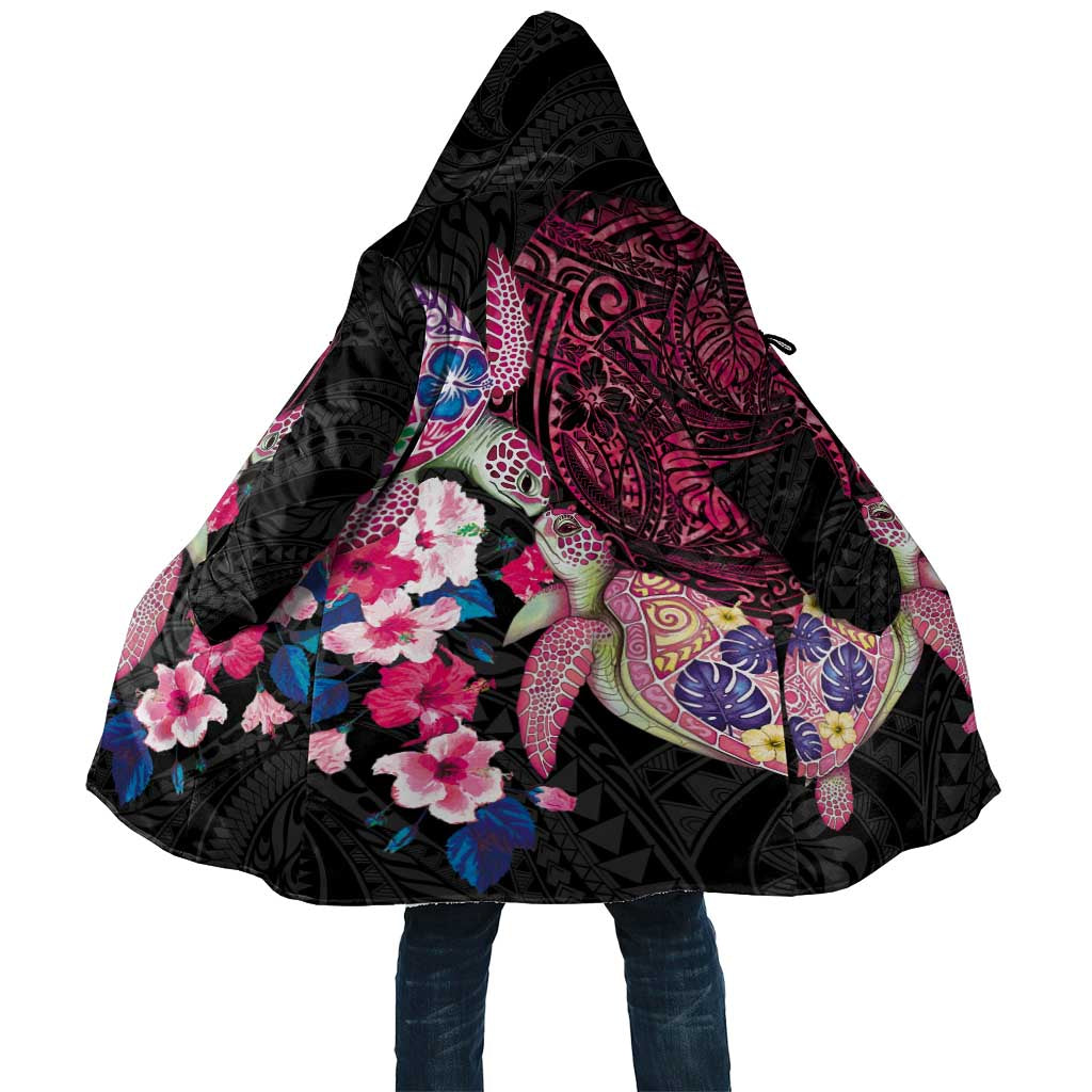 Hawaiian Couple Turtles Honi Cloak Polynesian Art Motifs and Hibiscus Black Red Color - Polynesian Pride