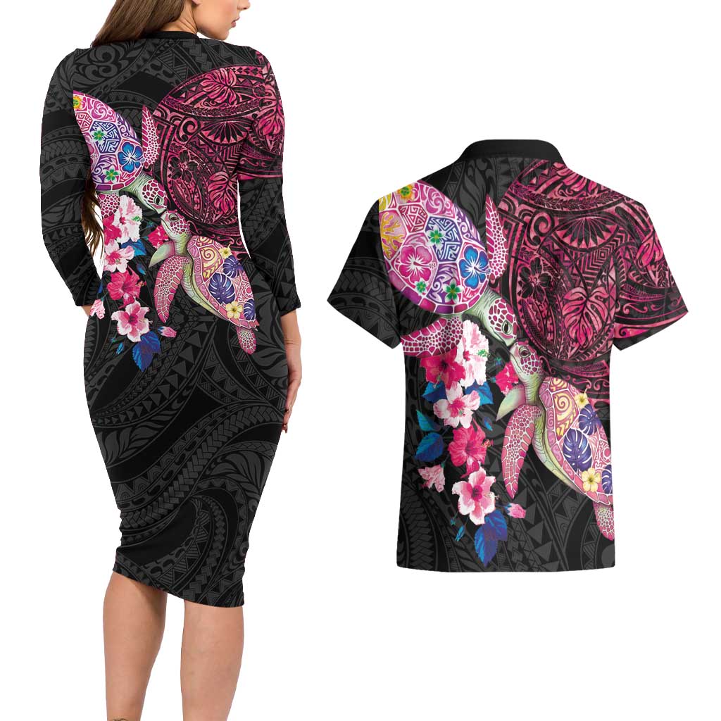 Hawaiian Couple Turtles Honi Couples Matching Long Sleeve Bodycon Dress and Hawaiian Shirt Polynesian Art Motifs and Hibiscus Black Red Color LT03 - Polynesian Pride