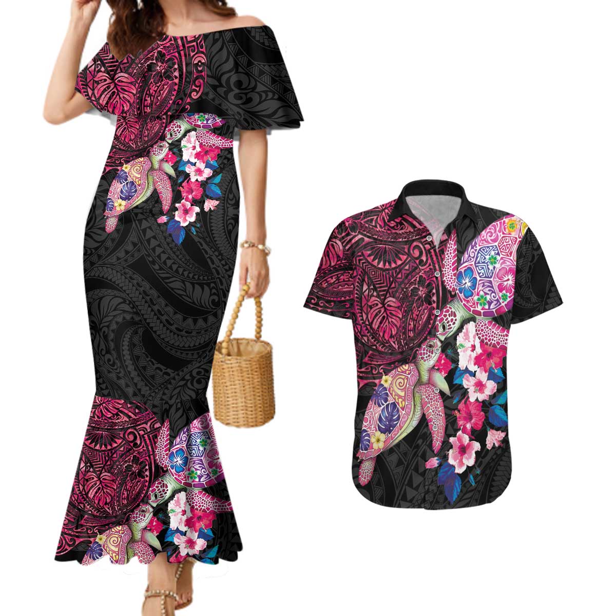 Hawaiian Couple Turtles Honi Couples Matching Mermaid Dress and Hawaiian Shirt Polynesian Art Motifs and Hibiscus Black Red Color - Polynesian Pride