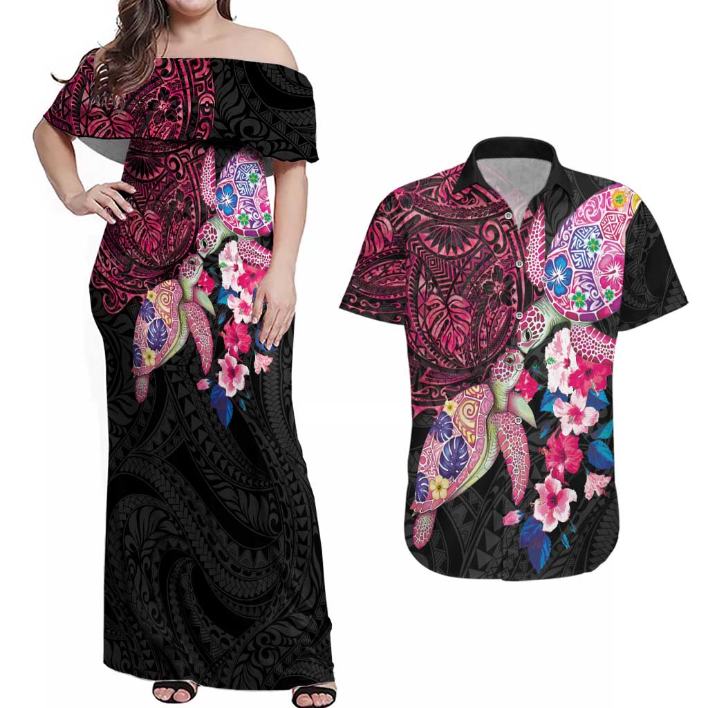 Hawaiian Couple Turtles Honi Couples Matching Off Shoulder Maxi Dress and Hawaiian Shirt Polynesian Art Motifs and Hibiscus Black Red Color - Polynesian Pride