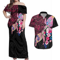 Hawaiian Couple Turtles Honi Couples Matching Off Shoulder Maxi Dress and Hawaiian Shirt Polynesian Art Motifs and Hibiscus Black Red Color LT03 Black - Polynesian Pride