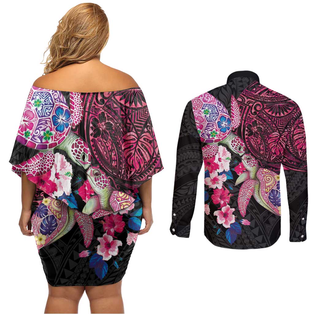 Hawaiian Couple Turtles Honi Couples Matching Off Shoulder Short Dress and Long Sleeve Button Shirt Polynesian Art Motifs and Hibiscus Black Red Color LT03 - Polynesian Pride