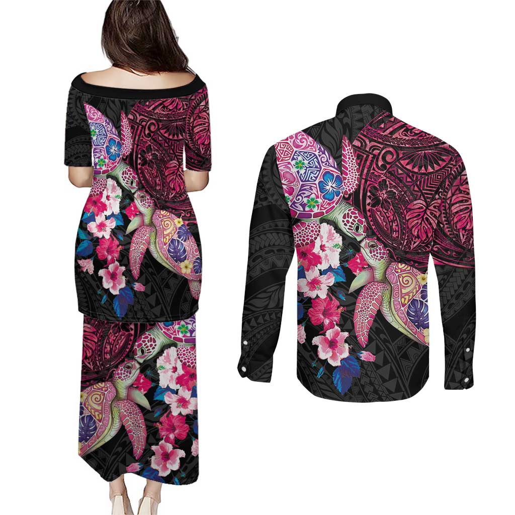 Hawaiian Couple Turtles Honi Couples Matching Puletasi and Long Sleeve Button Shirt Polynesian Art Motifs and Hibiscus Black Red Color LT03 - Polynesian Pride