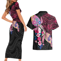 Hawaiian Couple Turtles Honi Couples Matching Short Sleeve Bodycon Dress and Hawaiian Shirt Polynesian Art Motifs and Hibiscus Black Red Color LT03 - Polynesian Pride