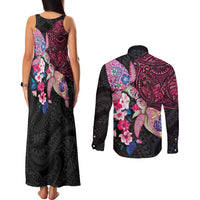Hawaiian Couple Turtles Honi Couples Matching Tank Maxi Dress and Long Sleeve Button Shirt Polynesian Art Motifs and Hibiscus Black Red Color LT03 - Polynesian Pride