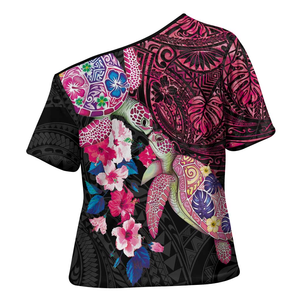 Hawaiian Couple Turtles Honi Cross Shoulder Shirt Polynesian Art Motifs and Hibiscus Black Red Color LT03 - Polynesian Pride
