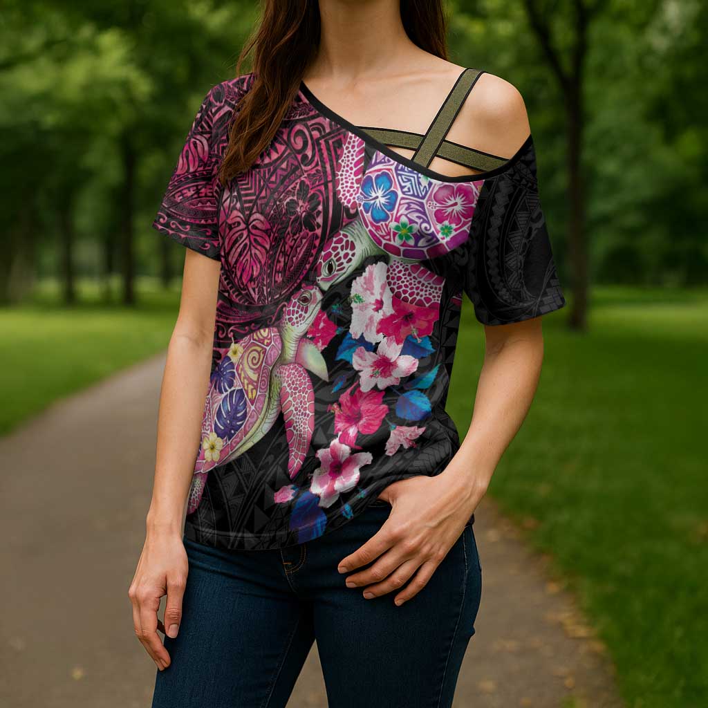 Hawaiian Couple Turtles Honi Cross Shoulder Shirt Polynesian Art Motifs and Hibiscus Black Red Color LT03 - Polynesian Pride