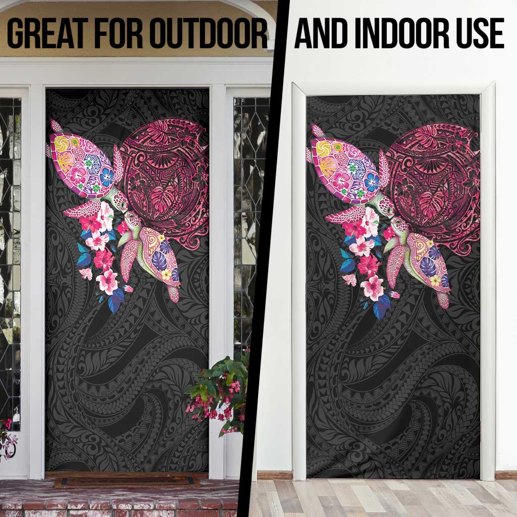 Hawaiian Couple Turtles Honi Door Cover Polynesian Art Motifs and Hibiscus Black Red Color LT03 - Polynesian Pride