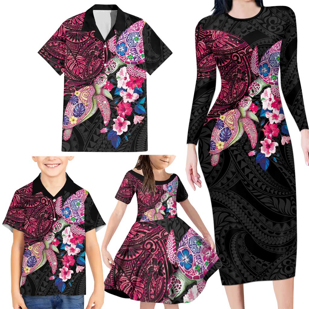 Hawaiian Couple Turtles Honi Family Matching Long Sleeve Bodycon Dress and Hawaiian Shirt Polynesian Art Motifs and Hibiscus Black Red Color - Polynesian Pride