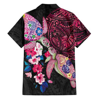 Hawaiian Couple Turtles Honi Family Matching Off The Shoulder Long Sleeve Dress and Hawaiian Shirt Polynesian Art Motifs and Hibiscus Black Red Color LT03 - Polynesian Pride
