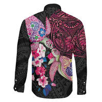 Hawaiian Couple Turtles Honi Family Matching Off The Shoulder Long Sleeve Dress and Hawaiian Shirt Polynesian Art Motifs and Hibiscus Black Red Color LT03 - Polynesian Pride