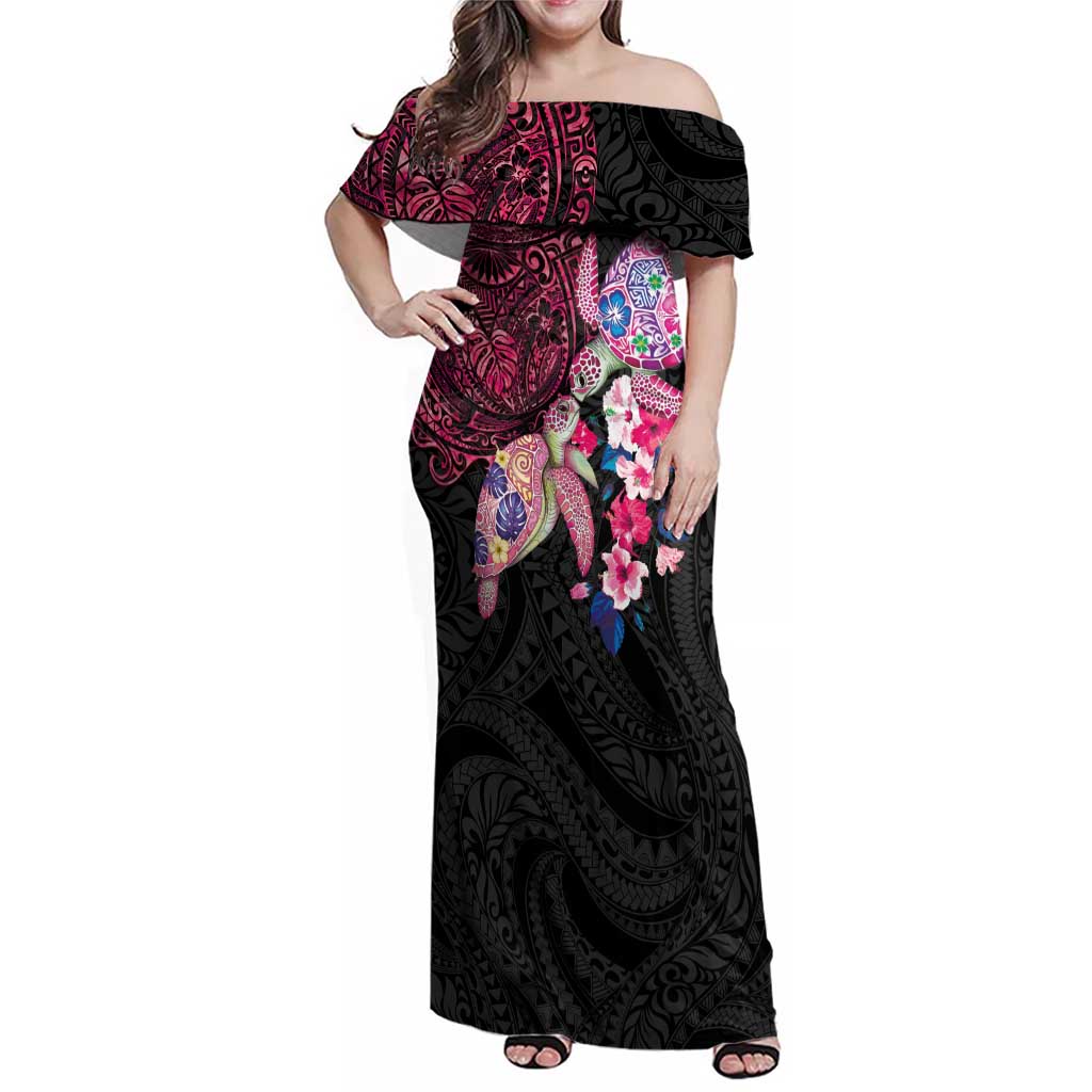 Hawaiian Couple Turtles Honi Family Matching Off Shoulder Maxi Dress and Hawaiian Shirt Polynesian Art Motifs and Hibiscus Black Red Color LT03 Mom's Dress Black - Polynesian Pride