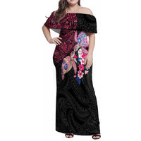 Hawaiian Couple Turtles Honi Family Matching Off Shoulder Maxi Dress and Hawaiian Shirt Polynesian Art Motifs and Hibiscus Black Red Color LT03 Mom's Dress Black - Polynesian Pride