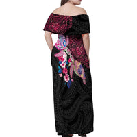 Hawaiian Couple Turtles Honi Family Matching Off Shoulder Maxi Dress and Hawaiian Shirt Polynesian Art Motifs and Hibiscus Black Red Color LT03 - Polynesian Pride