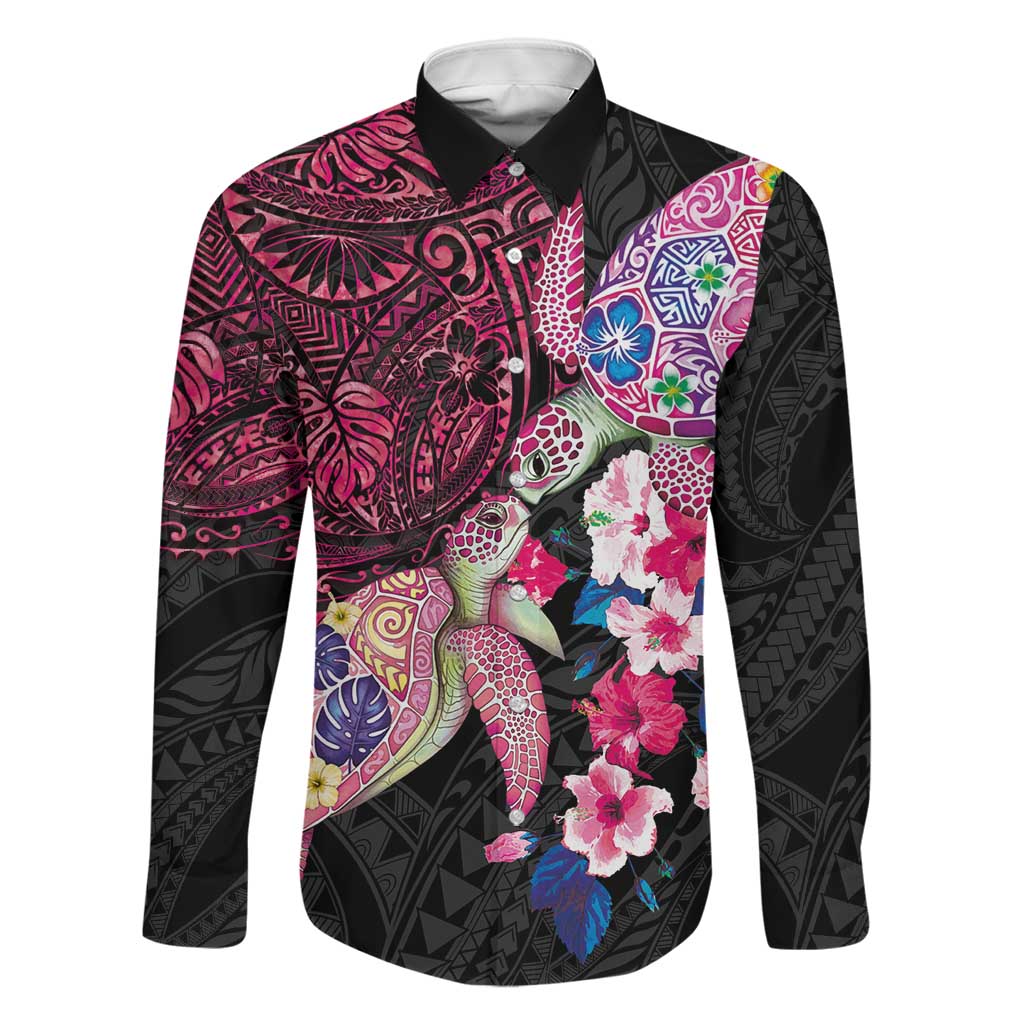 Hawaiian Couple Turtles Honi Family Matching Off Shoulder Short Dress and Hawaiian Shirt Polynesian Art Motifs and Hibiscus Black Red Color LT03 Dad's Shirt - Long Sleeve Black - Polynesian Pride