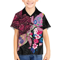 Hawaiian Couple Turtles Honi Family Matching Off Shoulder Short Dress and Hawaiian Shirt Polynesian Art Motifs and Hibiscus Black Red Color LT03 Son's Shirt Black - Polynesian Pride