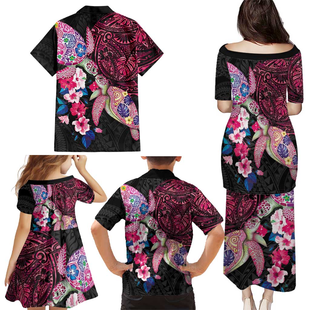 Hawaiian Couple Turtles Honi Family Matching Puletasi and Hawaiian Shirt Polynesian Art Motifs and Hibiscus Black Red Color LT03 - Polynesian Pride