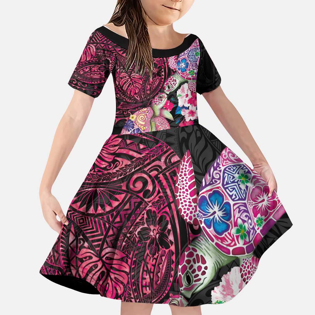 Hawaiian Couple Turtles Honi Family Matching Short Sleeve Bodycon Dress and Hawaiian Shirt Polynesian Art Motifs and Hibiscus Black Red Color LT03 Daughter's Dress Black - Polynesian Pride