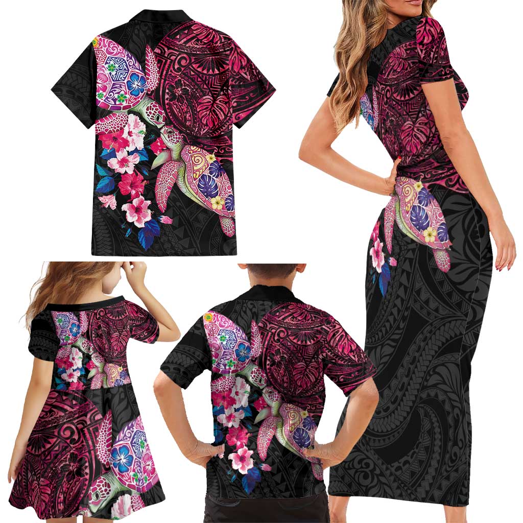 Hawaiian Couple Turtles Honi Family Matching Short Sleeve Bodycon Dress and Hawaiian Shirt Polynesian Art Motifs and Hibiscus Black Red Color LT03 - Polynesian Pride