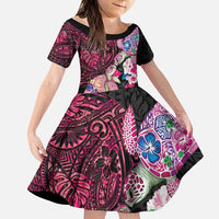 Hawaiian Couple Turtles Honi Family Matching Tank Maxi Dress and Hawaiian Shirt Polynesian Art Motifs and Hibiscus Black Red Color LT03 Daughter's Dress Black - Polynesian Pride