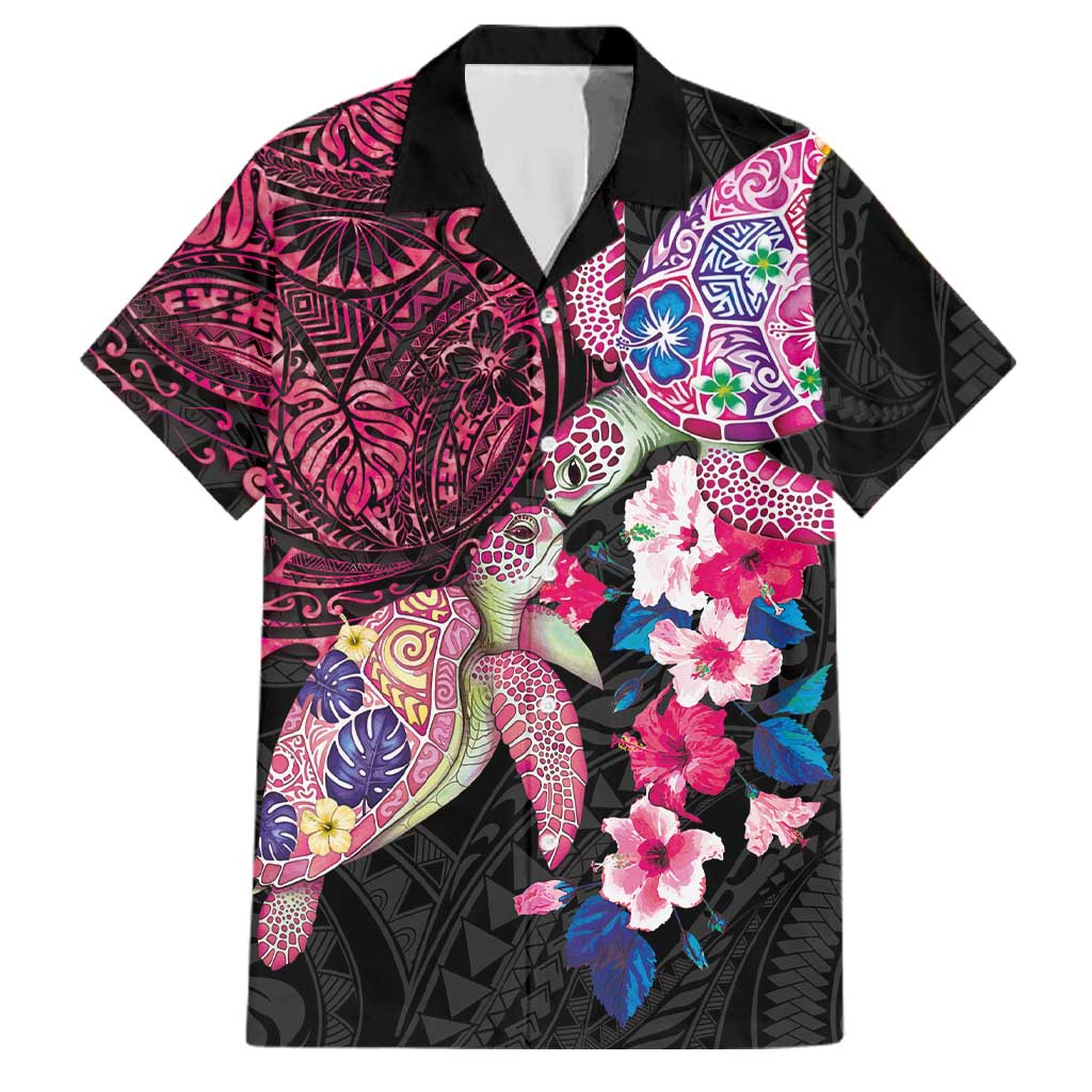 Hawaiian Couple Turtles Honi Family Matching Tank Maxi Dress and Hawaiian Shirt Polynesian Art Motifs and Hibiscus Black Red Color LT03 Dad's Shirt - Short Sleeve Black - Polynesian Pride