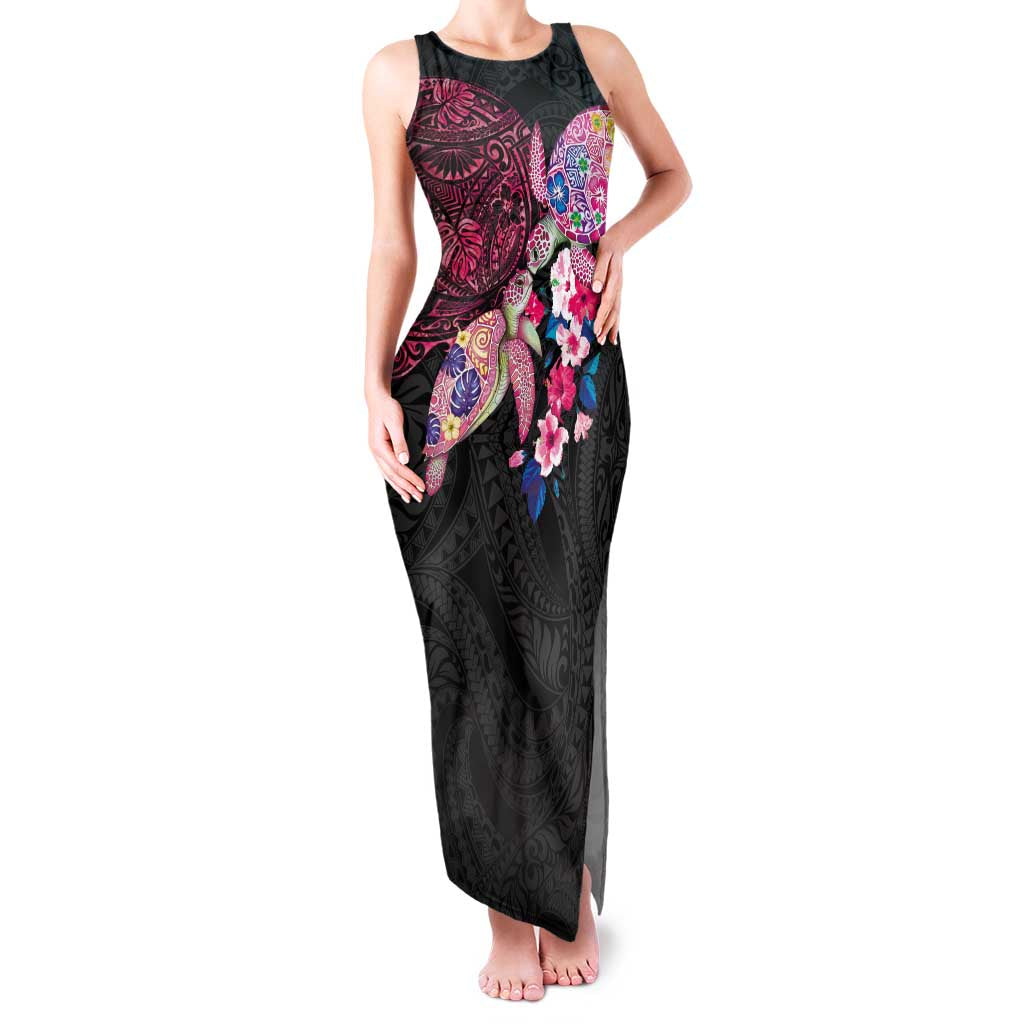 Hawaiian Couple Turtles Honi Family Matching Tank Maxi Dress and Hawaiian Shirt Polynesian Art Motifs and Hibiscus Black Red Color LT03 Mom's Dress Black - Polynesian Pride