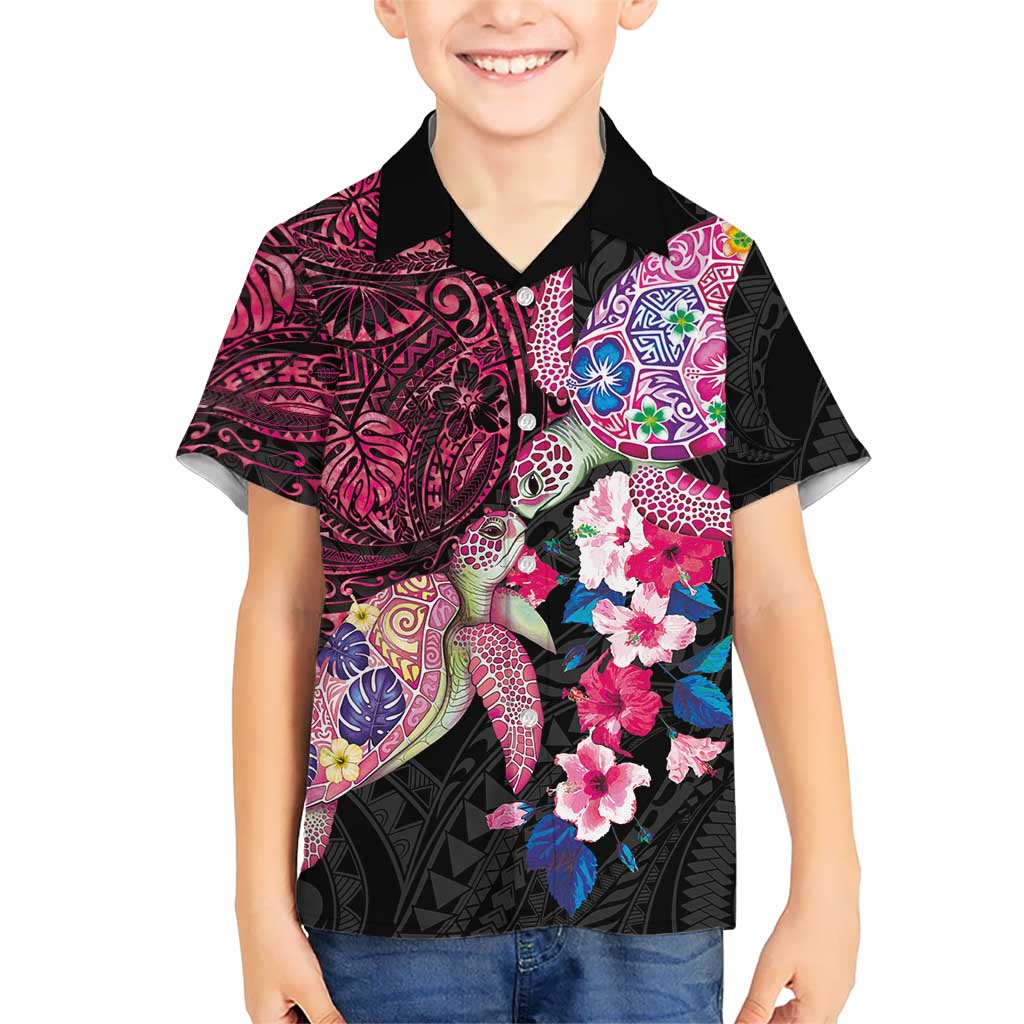 Hawaiian Couple Turtles Honi Family Matching Tank Maxi Dress and Hawaiian Shirt Polynesian Art Motifs and Hibiscus Black Red Color LT03 Son's Shirt Black - Polynesian Pride