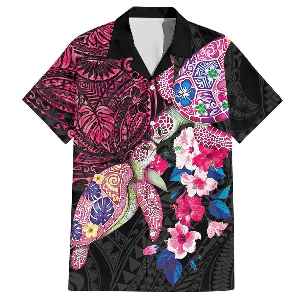 Hawaiian Couple Turtles Honi Hawaiian Shirt Polynesian Art Motifs and Hibiscus Black Red Color LT03 Black - Polynesian Pride