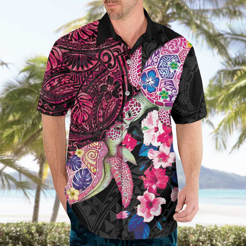 Hawaiian Couple Turtles Honi Hawaiian Shirt Polynesian Art Motifs and Hibiscus Black Red Color LT03 - Polynesian Pride