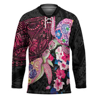 Hawaiian Couple Turtles Honi Hockey Jersey Polynesian Art Motifs and Hibiscus Black Red Color LT03 Unisex Black - Polynesian Pride