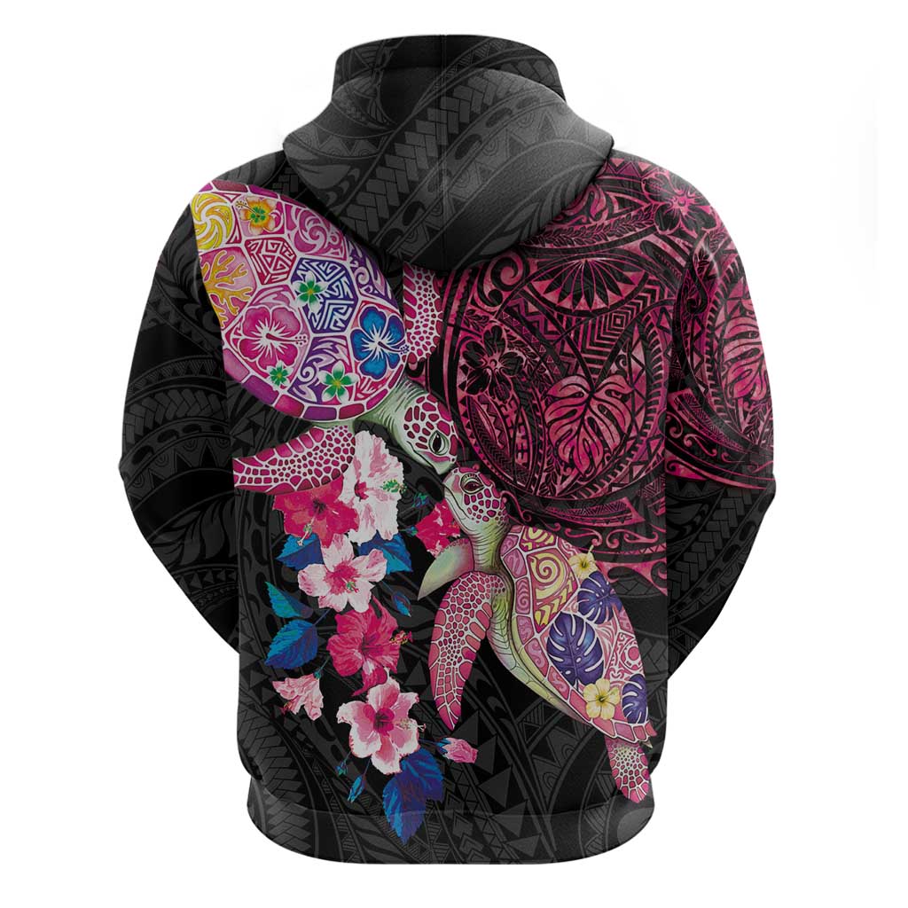 Hawaiian Couple Turtles Honi Hoodie Polynesian Art Motifs and Hibiscus Black Red Color LT03 - Polynesian Pride