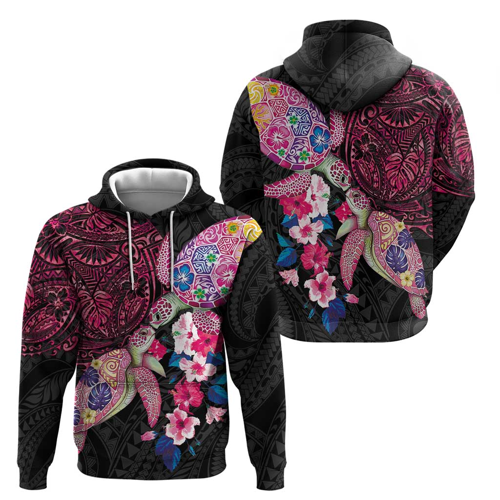 Hawaiian Couple Turtles Honi Hoodie Polynesian Art Motifs and Hibiscus Black Red Color LT03 - Polynesian Pride