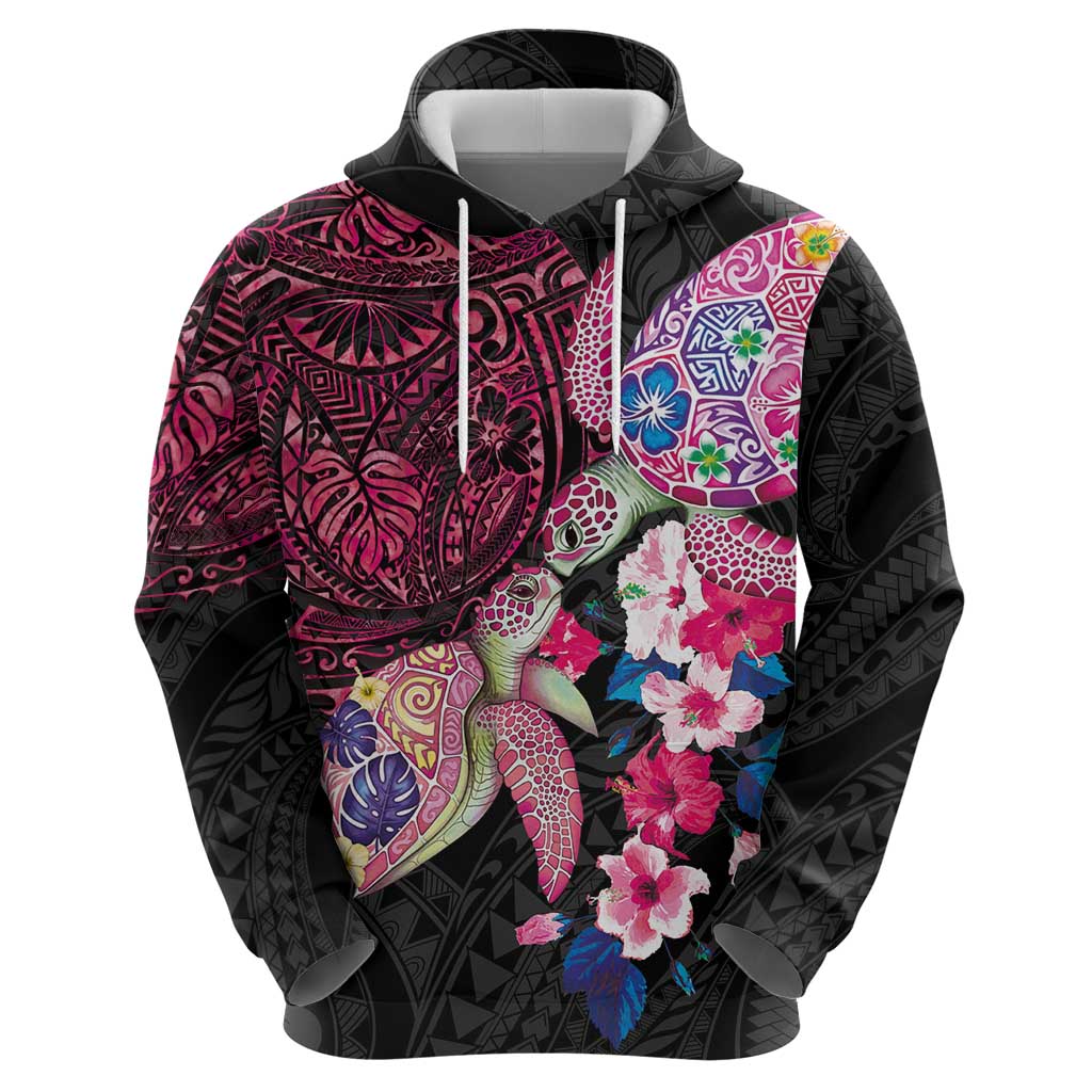 Hawaiian Couple Turtles Honi Hoodie Polynesian Art Motifs and Hibiscus Black Red Color LT03 - Polynesian Pride