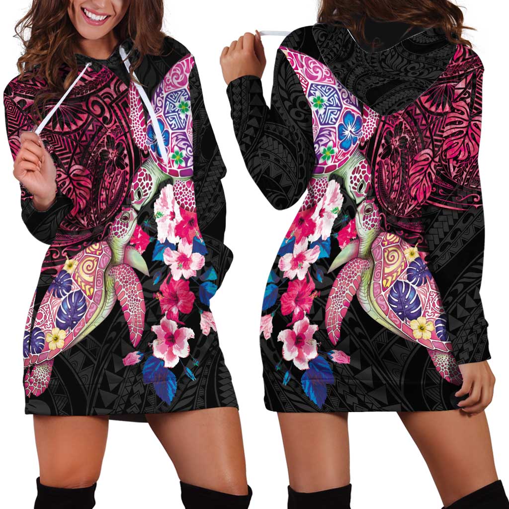 Hawaiian Couple Turtles Honi Hoodie Dress Polynesian Art Motifs and Hibiscus Black Red Color LT03 - Polynesian Pride