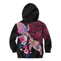 Hawaiian Couple Turtles Honi Kid Hoodie Polynesian Art Motifs and Hibiscus Black Red Color LT03 - Polynesian Pride