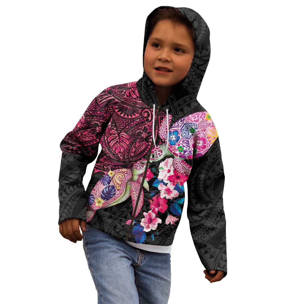 Hawaiian Couple Turtles Honi Kid Hoodie Polynesian Art Motifs and Hibiscus Black Red Color LT03 - Polynesian Pride