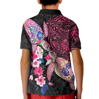 Hawaiian Couple Turtles Honi Kid Polo Shirt Polynesian Art Motifs and Hibiscus Black Red Color LT03 - Polynesian Pride